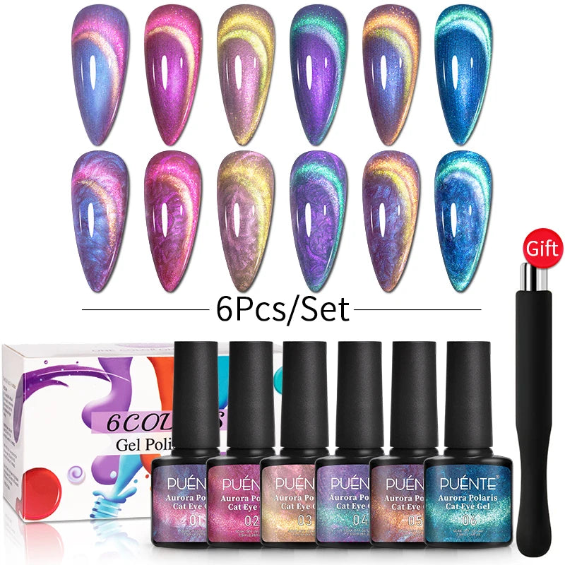 PUENTE 6pcs/set Aurora Shell Thread Cat Magnetic Gel Nail Polish 9D Aurora Glitter Pearl Cat Eye Soak Off UV Nail Art Varnish