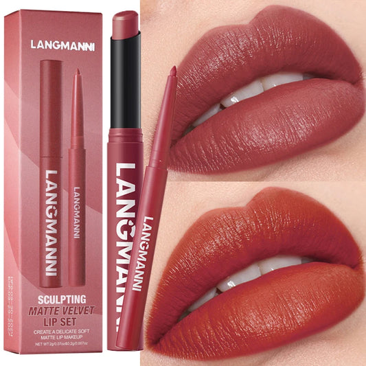 2Pcs/Set Matte Lipstick Lip Liner Pencil Non-Stick Cup Long-Lasting Velvet Red Lipstick Pen Smooth Lipliner Waterproof Makeup