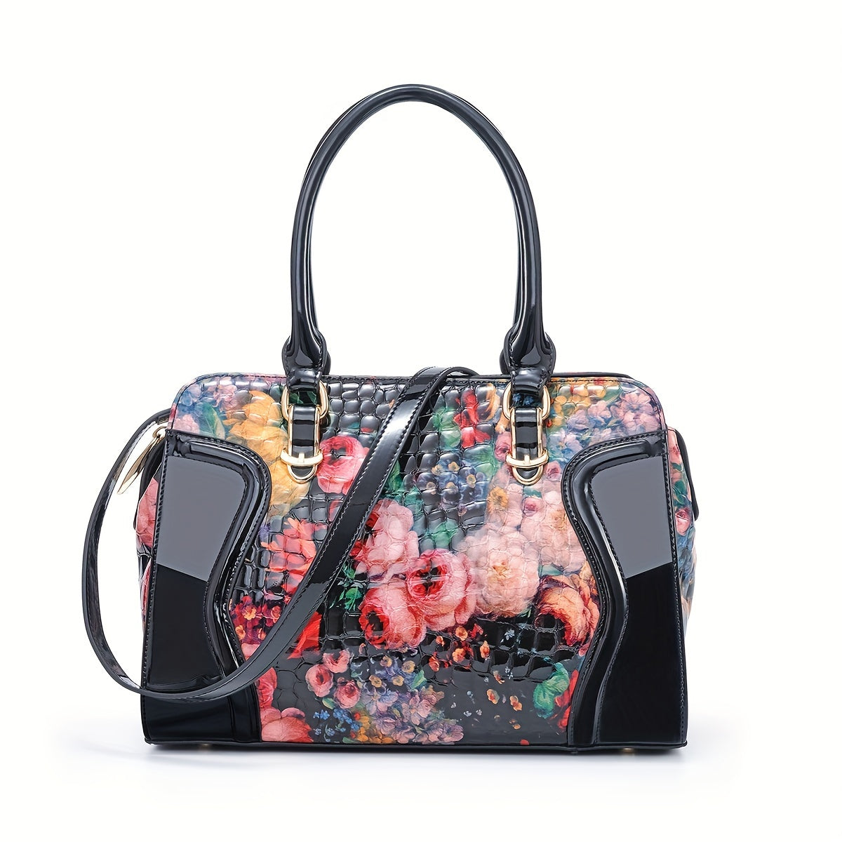 Women's Large Luxury Patent Leather Handbag - Elegant Crocodile-Texture Tote with Adjustable Crossbody Strap, Golden-Tone Hardware & Multi-Compartment Design, Vibrant Yellow & Multicolor Patterns (Pink/Blue/Green/Black) - Bus