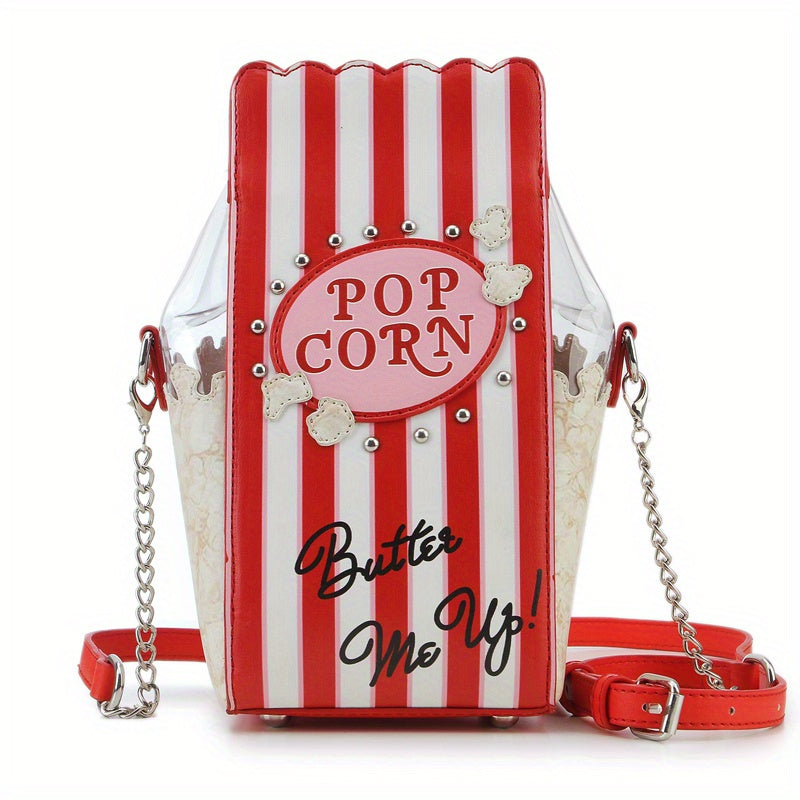 Women's Popcorn Bucket-Shaped Crossbody Bag with Adjustable Strap - Red & White Striped Synthetic Leather Purse, Beaded Popcorn Decor & Golden-Tone Hardware, Sweet Style Casual Handbag for Movie Nights, Themed Parties & Every