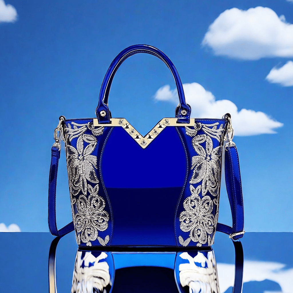 Designer Floral Embroidery Patent Leather Handbag for Women, Large Capacity Shoulder Tote with Zipper Closure, Polyester Lined, Paint Detail, Party Bag