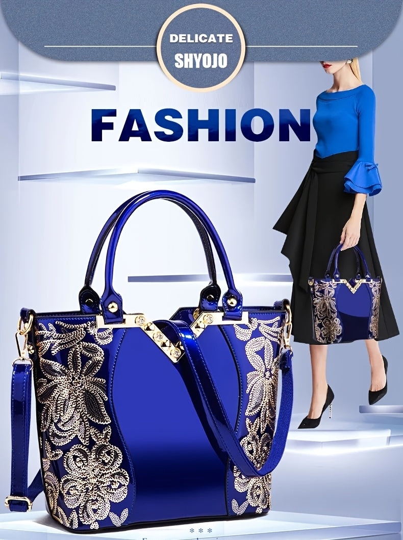Designer Floral Embroidery Patent Leather Handbag for Women, Large Capacity Shoulder Tote with Zipper Closure, Polyester Lined, Paint Detail, Party Bag