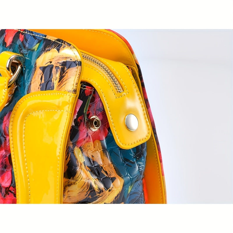 Women's Large Luxury Patent Leather Handbag - Elegant Crocodile-Texture Tote with Adjustable Crossbody Strap, Golden-Tone Hardware & Multi-Compartment Design, Vibrant Yellow & Multicolor Patterns (Pink/Blue/Green/Black) - Bus