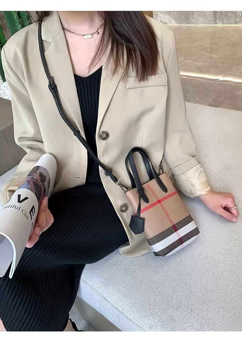 Ondy Women's Retro Caramel & Brown Plaid Handbag with Detachable Strap - Closure Small Crossbody Bag, Golden-Tone Hardware, Phone & Keys Holder, Synthetic Lining, Versatile Everyday & Formal Purse for Commuting, Work, Travel