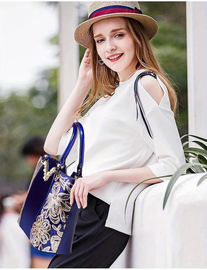 Designer Floral Embroidery Patent Leather Handbag for Women, Large Capacity Shoulder Tote with Zipper Closure, Polyester Lined, Paint Detail, Party Bag