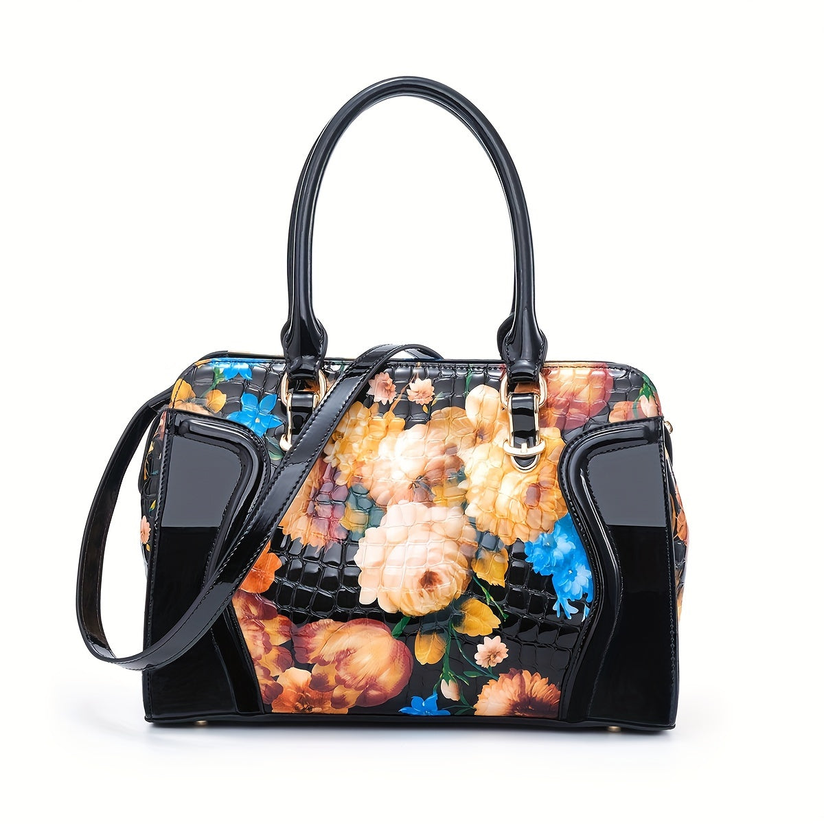 Women's Large Luxury Patent Leather Handbag - Elegant Crocodile-Texture Tote with Adjustable Crossbody Strap, Golden-Tone Hardware & Multi-Compartment Design, Vibrant Yellow & Multicolor Patterns (Pink/Blue/Green/Black) - Bus