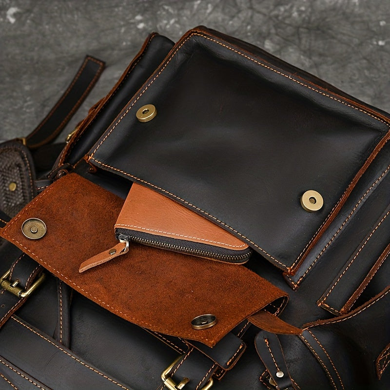 Men Crazy Horse Genuine Leather Backpack, Large Capacity Retro Cow Genuine Leather Rucksack Flap Travel Bag