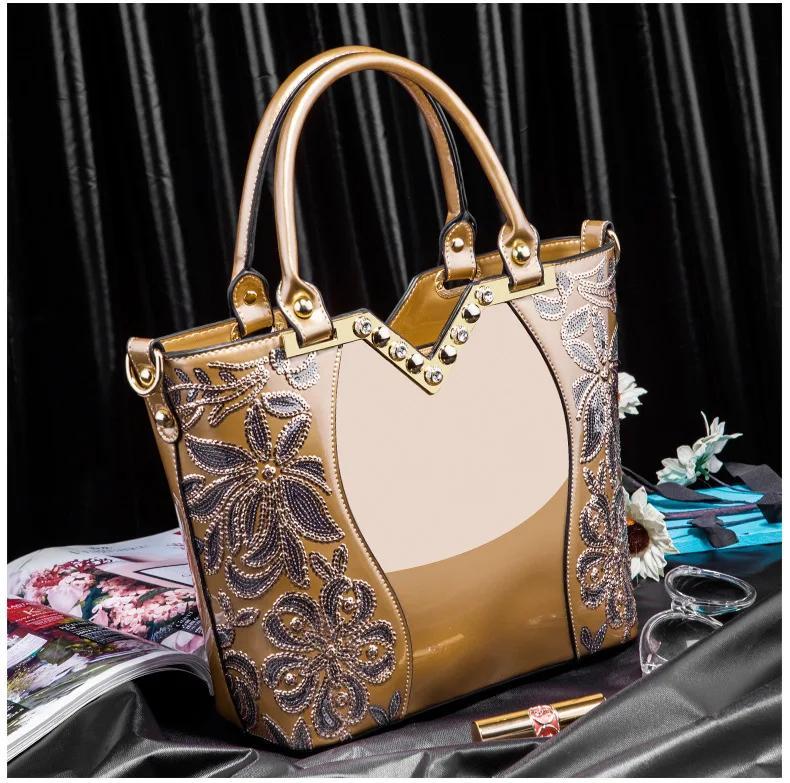 Designer Floral Embroidery Patent Leather Handbag for Women, Large Capacity Shoulder Tote with Zipper Closure, Polyester Lined, Paint Detail, Party Bag