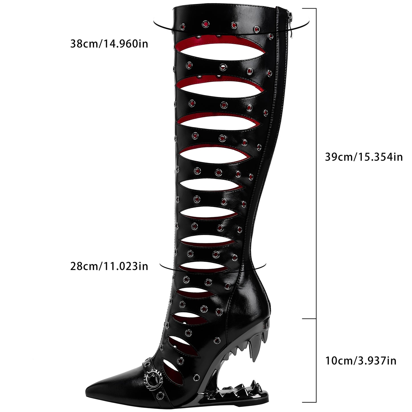 1pr Sexy Hollow-Out Designer Rivet Knee-High Boots, Pointed Toe Zipper Closure, All-Season Comfort, Man-Made Upper & Inner, Rubber Sole, Special Shaped Heel, Roman Style, Long Boots