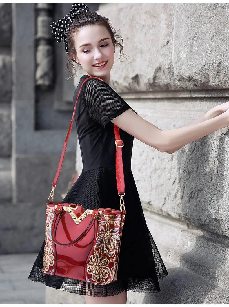 Designer Floral Embroidery Patent Leather Handbag for Women, Large Capacity Shoulder Tote with Zipper Closure, Polyester Lined, Paint Detail, Party Bag