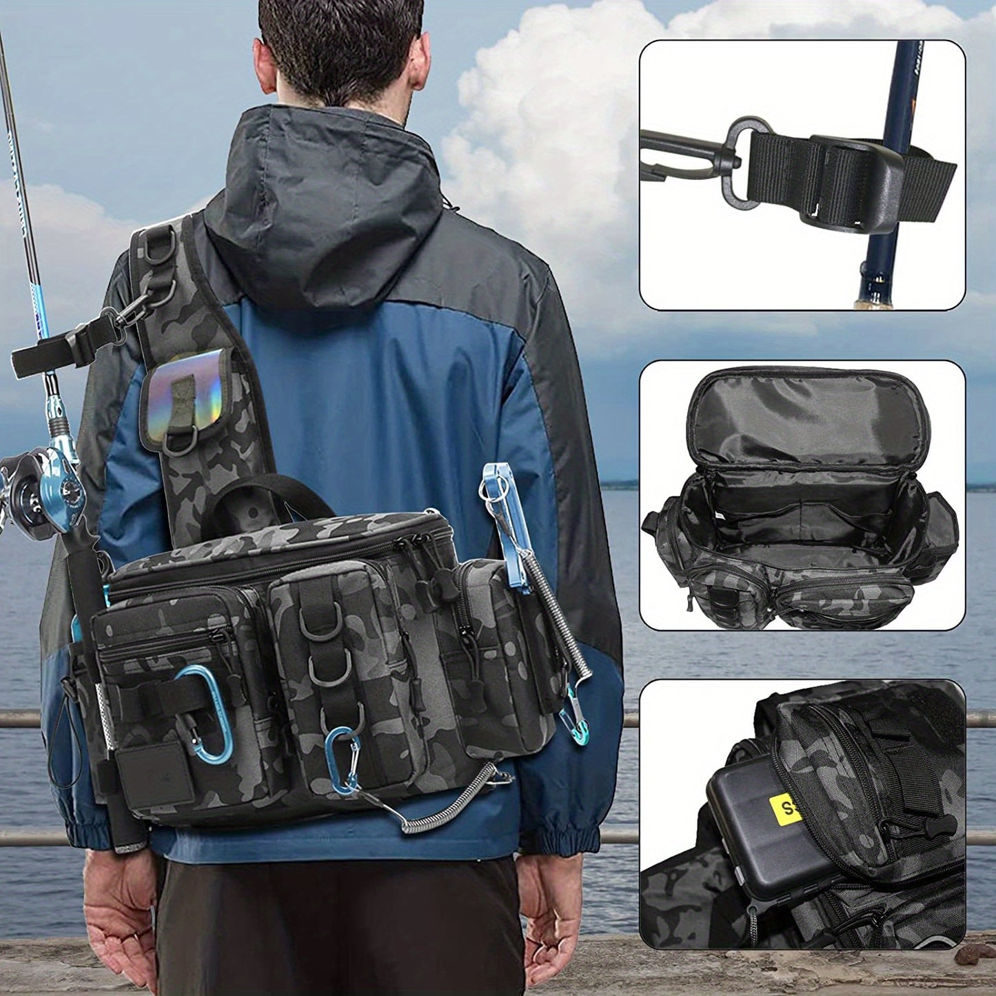 1pc Premium Fishing Tackle Sling Backpack - Water-Resistant Fishing Shoulder Bag with Rod Holder, Multiple Compartments, and Padded Straps - Perfect Gift for Anglers and Outdoor Enthusiasts