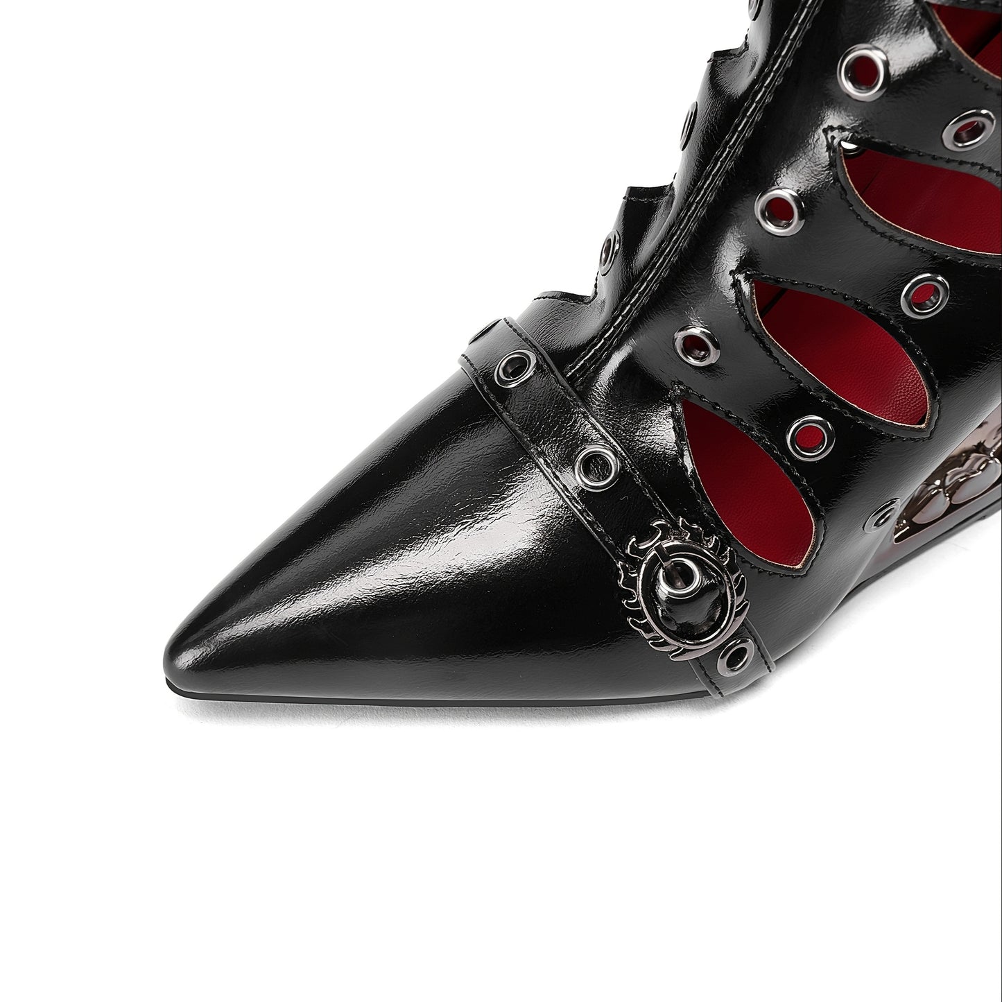 1pr Sexy Hollow-Out Designer Rivet Knee-High Boots, Pointed Toe Zipper Closure, All-Season Comfort, Man-Made Upper & Inner, Rubber Sole, Special Shaped Heel, Roman Style, Long Boots