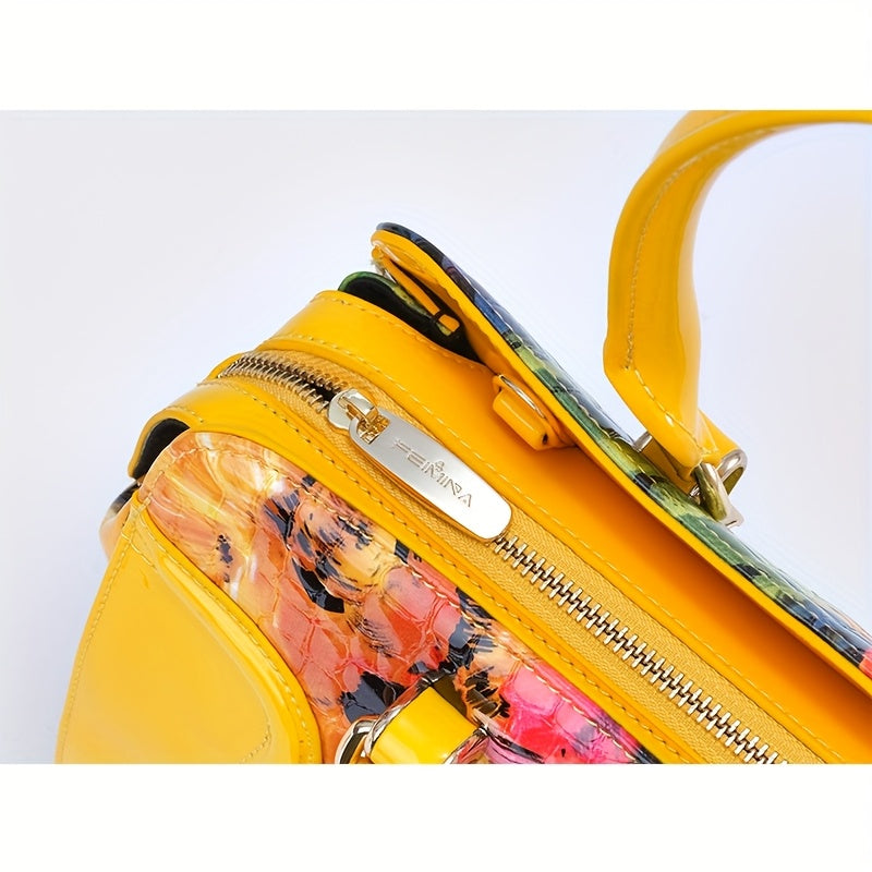 Women's Large Luxury Patent Leather Handbag - Elegant Crocodile-Texture Tote with Adjustable Crossbody Strap, Golden-Tone Hardware & Multi-Compartment Design, Vibrant Yellow & Multicolor Patterns (Pink/Blue/Green/Black) - Bus