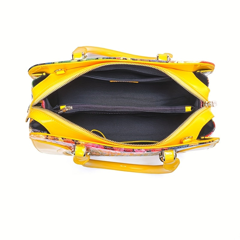 Women's Large Luxury Patent Leather Handbag - Elegant Crocodile-Texture Tote with Adjustable Crossbody Strap, Golden-Tone Hardware & Multi-Compartment Design, Vibrant Yellow & Multicolor Patterns (Pink/Blue/Green/Black) - Bus